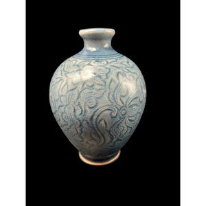 Vintage Blue Celadon Ceramic Floral Crackle Bud Vase Thailand Handmade 5"